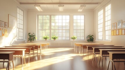 Fototapeta premium Bright Empty Classroom with Sunlight Streaming In, A bright, empty classroom with wooden desks and chairs, large windows