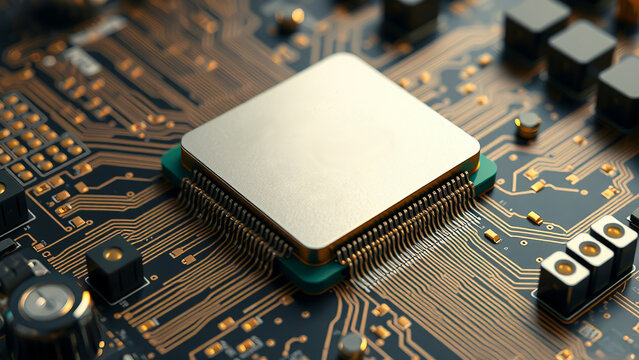 Illustrazione 3d di una CPU metallica integrata nella scheda madre con circuiti stampati e pin dorati. Generata con intelligenza artificiale generativa, IA running locally concept