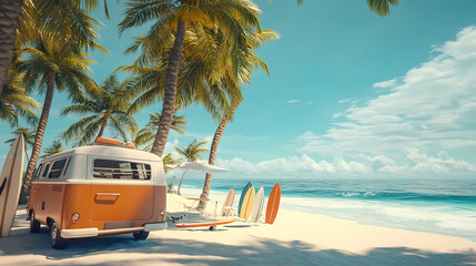 Obraz premium Coastal Getaway: A vintage camper van sits nestled on a sun-kissed beach, surrounded by palm trees, surfboards, and the sparkling ocean, evoking a sense of freedom and adventure.