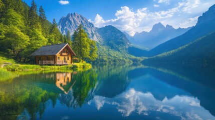 Fototapeta premium Serene Lakeside Cabin nestled amidst mountains. Tranquil alpine lake reflecting a vibrant sky with clouds, a charming wooden cabin by the water's 