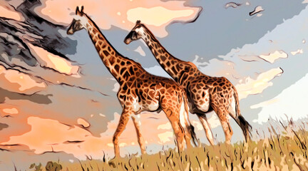 comic de dibujo de dos jirafas paseando al atardecer por el Parque Nacional Masai Mara de Kenia en Africa