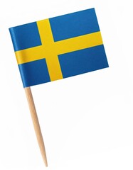 Swedish flag on wooden stick isolated on white background