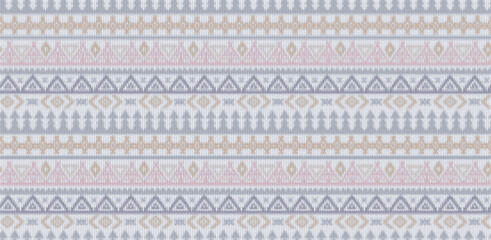 A multicolored Fair Isle or Nordic-inspired knitted textile pattern with horizontal bands of geometric motifs.