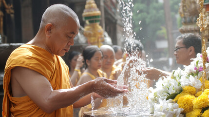 Buddhist monk participating in a traditional water blessing ceremony during Thai Songkran festival