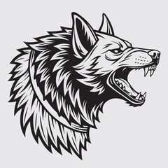 Simple vector art illustration of a wolf that is roaring. Vector graphics, line art, black and white. perfect for lino cut or wood print. Good use for T-shirt design or logo
