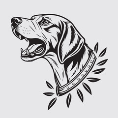 Simple vector art illustration of a dog wearing a collar with leaf. Vector graphics, line art, black and white. perfect for lino cut or wood print. Good use for T-shirt design or logo