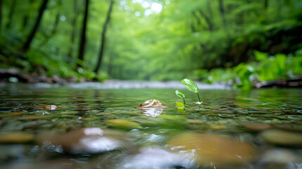 Close Up Of Fresh Green Vegetation Growing In Shallow Stream With Leaf Reflections and Forest Background