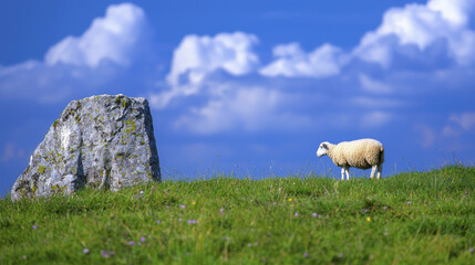 Fototapeta premium serene landscape featuring sheep grazing near large rock under bright blue sky with fluffy clouds, evoking sense of tranquility and nature beauty