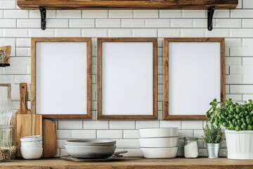 Slim wooden frames provide a touch of elegance in a cozy kitchen.
