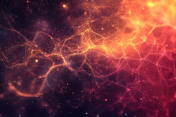 Fototapeta premium A cosmic dance of fiery nebulae and ethereal energy, interwoven with vibrant hues and shimmering particles.