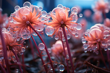 ethereal dance of dew on blossoms encapsulates allure of delicate bead formations, hues, and symbiotic symphony between aqueous grace and botanical elegance