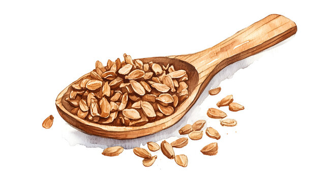 Watercolor Illustration of Cumin Seeds in Bamboo Spoon on White Background
