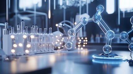 A futuristic chemistry lab with interactive tools for studying the chemistry of advanced energy storage systems