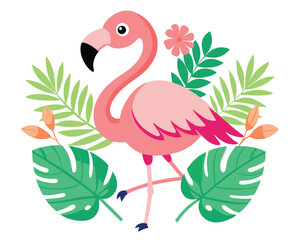 Cute Pink Flamingo with Tropical Leaves Illustration