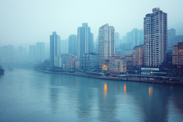 Foggy morning over riverside buildings in urban landscape