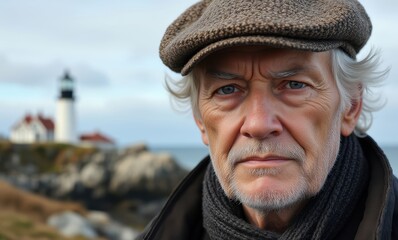 Elderly man by lighthouse, thoughtful gaze