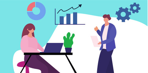 Data analytics consept. Business analysis online. people presentation graph and analyst vector illustration.