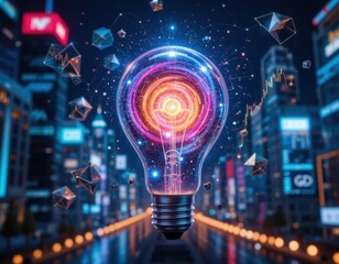 Obraz premium Illuminating innovation light bulb concept in futuristic city digital art urban environment night view