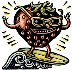 california strawberry wearing sunglasses and surfing a wave