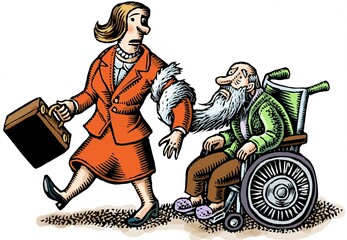 woman with briefcase grabbed by beard of old man in wheelchair