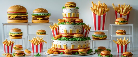 Deliciously designed tiered cupcakes resemble classic fast food items like burgers, fries, and chicken, showcased in an appealing and fun arrangement, perfect for parties