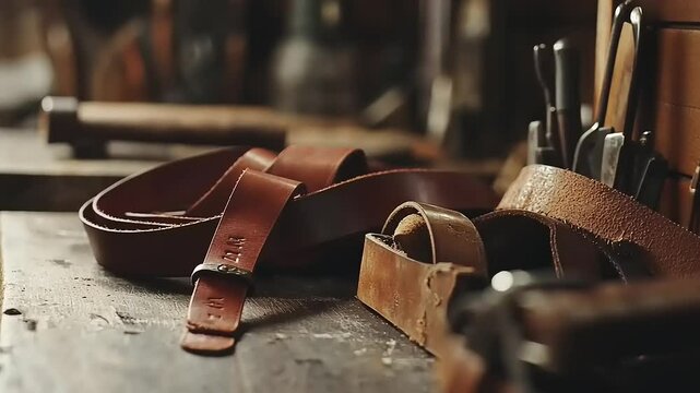 Rustic workshop scene featuring various leather belts and tools on a wooden table, showcasing craftsmanship