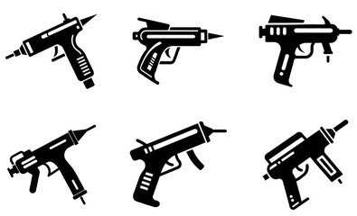 black and white vector illustrations of different types of hot glue guns.
