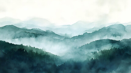 Watercolor-inspired landscape with misty hills and serene details