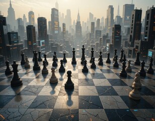 Strategic chess match amidst a futuristic cityscape urban setting digital art dusk lighting panoramic view