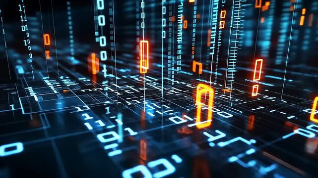 Digital Matrix with Binary Code Flowing Through Futuristic Environment