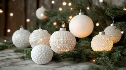 White winter ornaments and fir branches with glowing lights for seasonal decorations