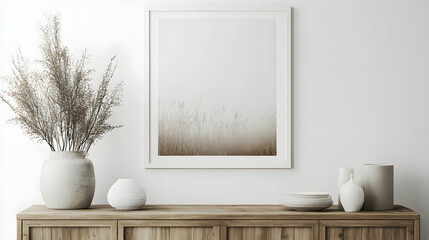 White-framed picture hung above a wooden cabinet for a minimalist look