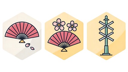 Obraz premium Beautiful Japanese Fan Illustrations with Cherry Blossoms and Traditional Elements for Cultural Designs and Digital Art