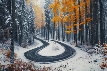 winding forest road covered in snow with vibrant autumn leaves in the background