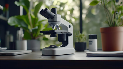 Gray Microscope On Wooden Desk With Green Plants In The Background