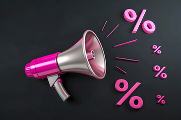 Pink megaphone announcing sale discount percentage on black background