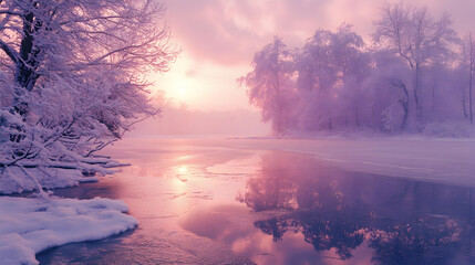 Winter sunrise casting a warm pink glow over a frozen lake