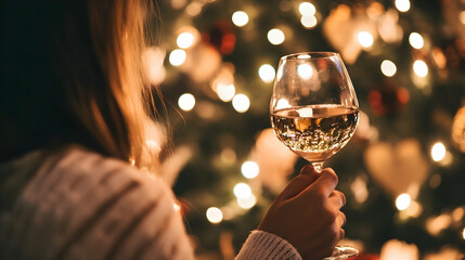 Woman holding a glass of wine near a Christmas tree adorned with twinkling lights