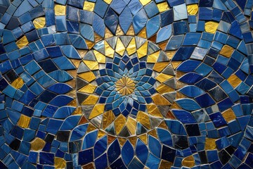 Fototapeta premium A stained glass mosaic showcases elegant Islamic patterns in deep blue and gold, softly illuminated