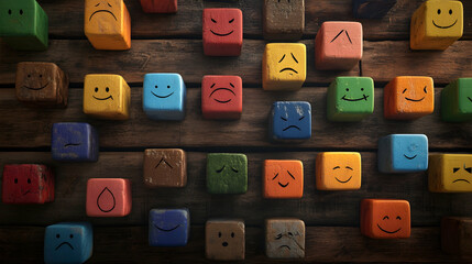 Wooden surface with colorful cubes displaying different emotional expressions