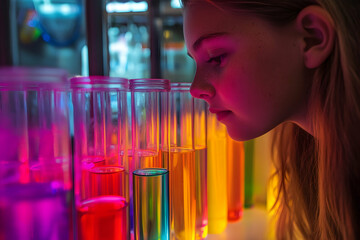 young scientist experimenting with colorful test tubes in a vibrant laboratory environment