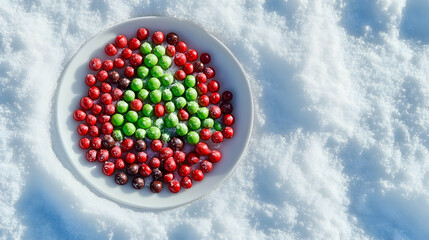 A bowl of red and green candies arranged in a Christmas tree shape on white snow