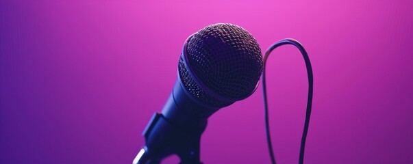 Microphone on a stand illuminated with violet color gradients background