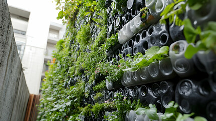 A creative vertical garden made from repurposed plastic bottles, highlighting sustainability and innovative gardening