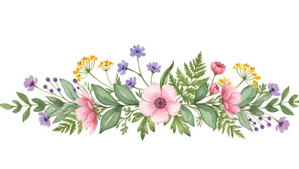 Watercolor Floral Border with Pink Flowers and Green Leaves on Black
