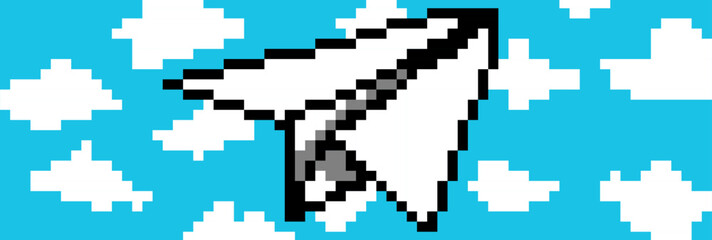 Fototapeta premium A white paper airplane is flying through the sky pixel art design for all business