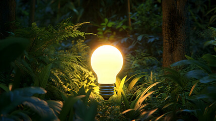 A glowing lightbulb in a lush green garden, symbolizing innovation in sustainable technology
