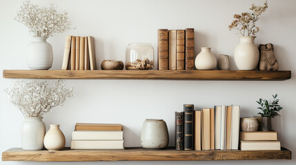 The light wall provided a clean backdrop for the wooden shelves, which held an eclectic mix of books and tasteful decorative elements, adding character to the room.