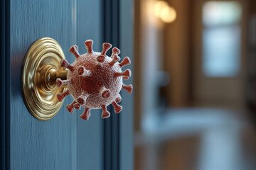 Virus model on door handle in a modern indoor setting