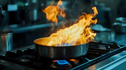 A lit gas stove with strong orange and blue flames highlights modern cooking efficiency and power in a well-equipped kitchen